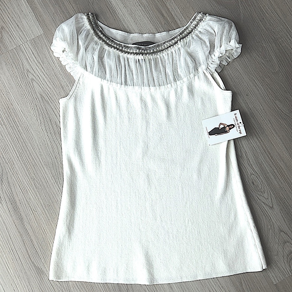 Cable & Gauge Beaded Pearl Women's Top L Ivory Sheer Feminine Lagenlook Glam